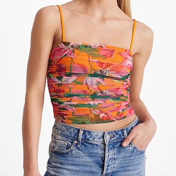 Express orange print ruched top size M NWT - Picture 1 of 6
